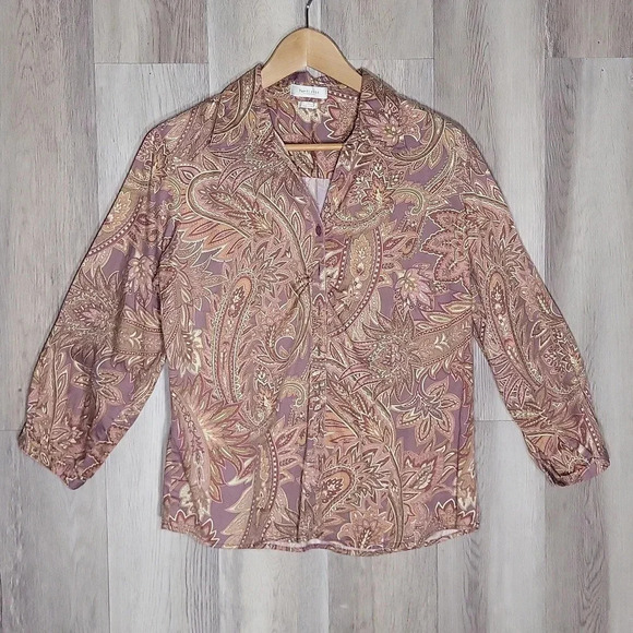Van Heusen Pink Purple Paisley Collared‎ Button Up 3/4 Sleeve Womens Size Large - Picture 1 of 7